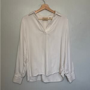 Women's Size M Elie Tahari White V Neck Collared Long Sleeve Tencel Blouse Top